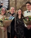 Stine Sofia Korreman (left) celebrates receiving the JCD Prize at the faculty's annual PhD Day with three of her PhD students. Emma Skarsø Buhl, Nadine Vatterodt and Mathis Ersted Rasmussen. The latter also participated in this year's Fogh-Nielsen competition, where he achieved a shared second place.
