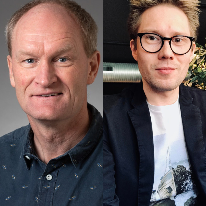 Per Kallestrup (t.l.) and Ulrik Bak Kirk receive million grant from The Innovation Fund Denmark to research into virtual medical consultations. Photo: Lars Kruse/AU & private. Per Kallestrup (t.l.) and Ulrik Bak Kirk